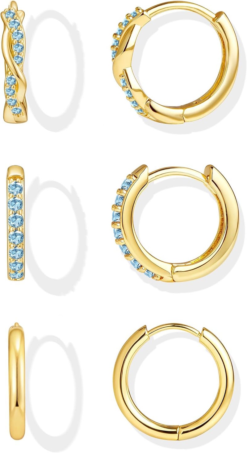 Inerney 14K Gold Plated Huggie Hoop Earrings for Women, Small Sterling Silver Earring Set Hypoallergenic Cartilage Helix Stacks, Mini Dainty Cute Trendy Birthstone Jewelry Gift for Multiple Piercings - Image 1